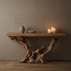 Solid Wood Console Table Gnarled Root Driftwood Base Live-Edge Top for Entryway