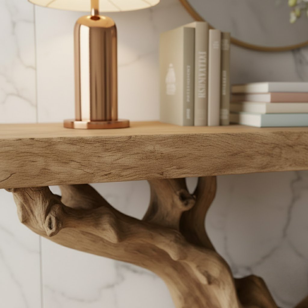 Solid Wood Console Table Gnarled Root Driftwood Base Live-Edge Top for Entryway