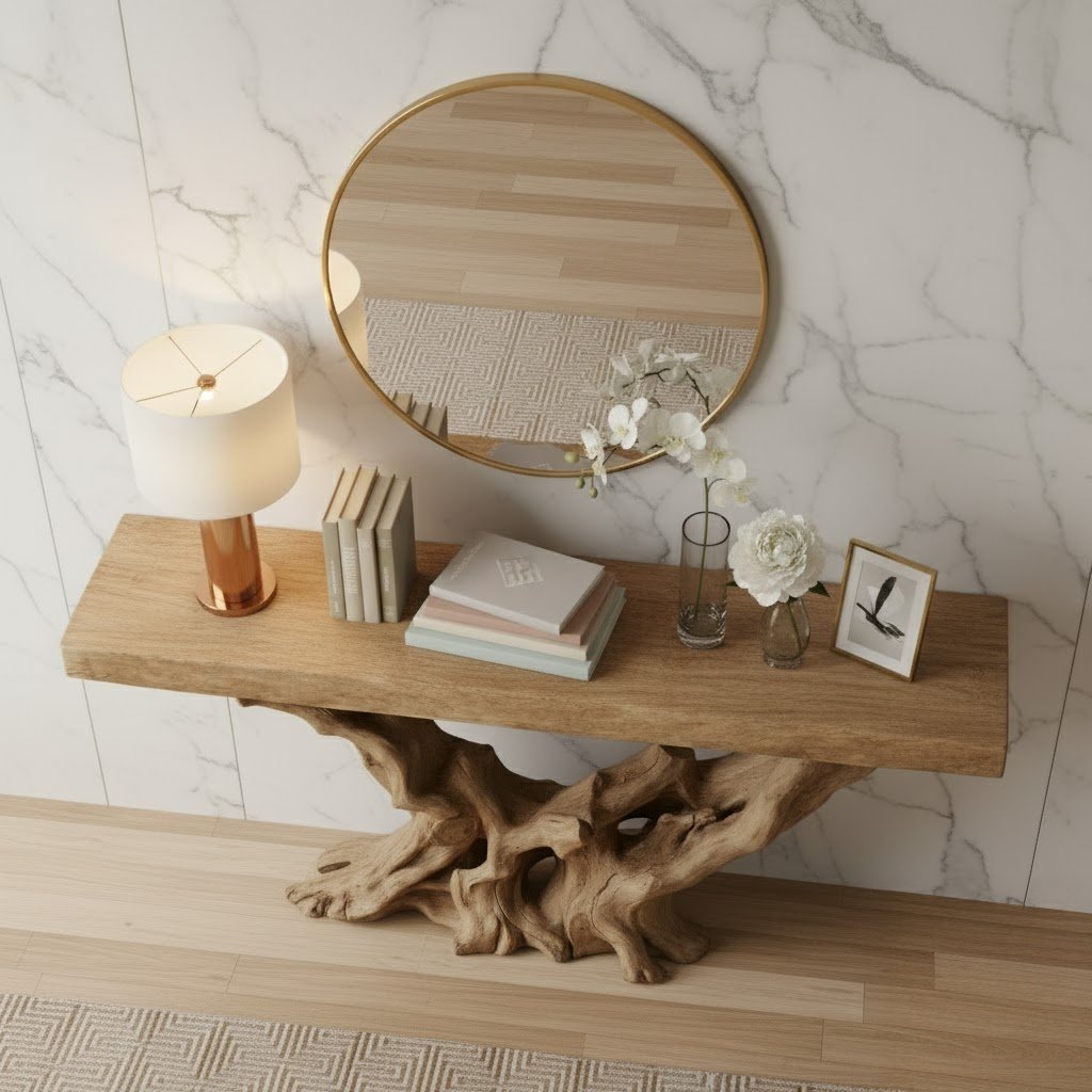 Solid Wood Console Table Gnarled Root Driftwood Base Live-Edge Top for Entryway