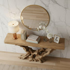 Solid Wood Console Table Gnarled Root Driftwood Base Live-Edge Top for Entryway