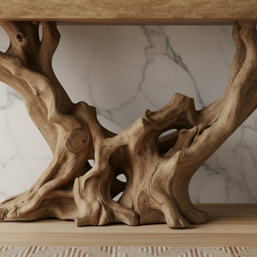 Solid Wood Console Table Gnarled Root Driftwood Base Live-Edge Top for Entryway