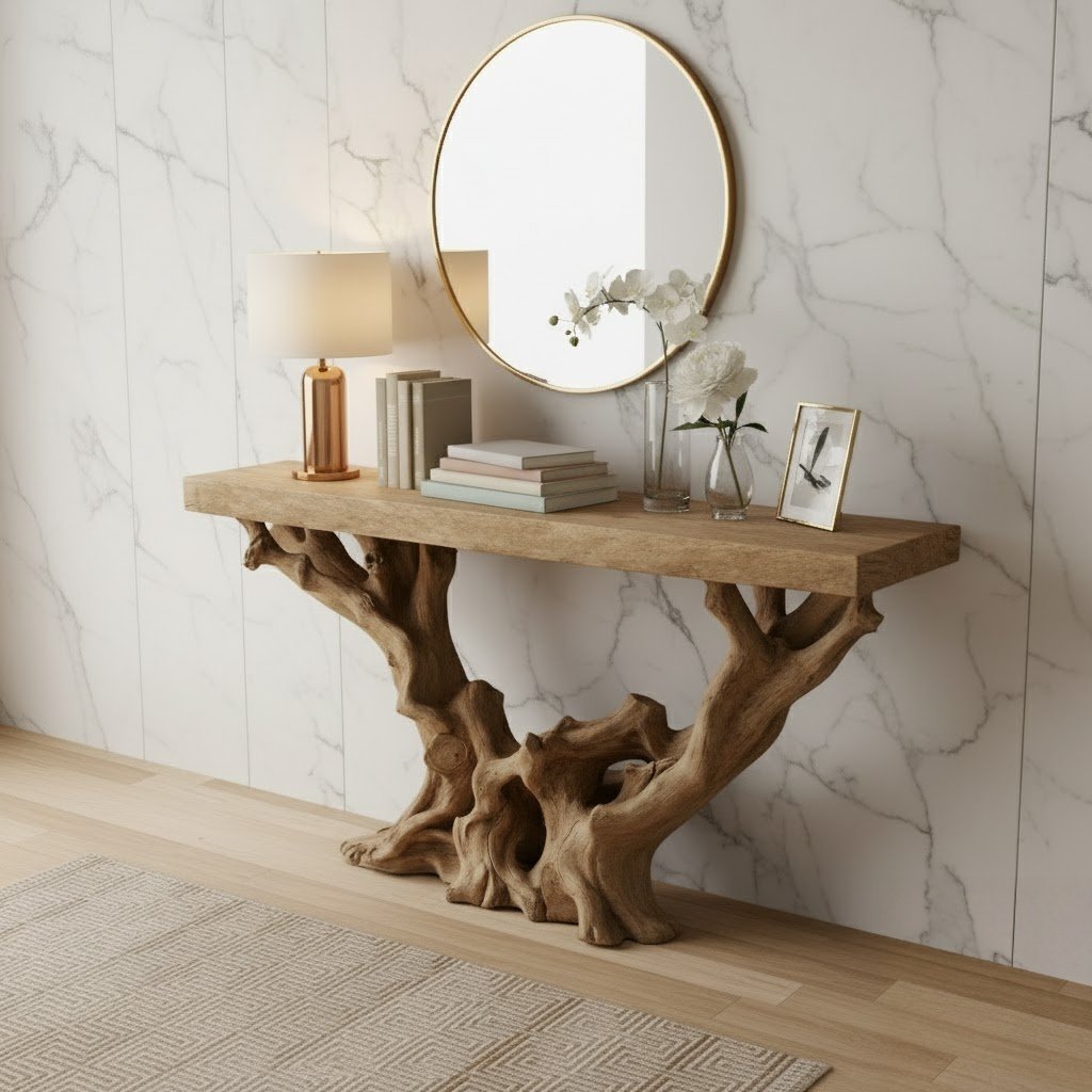 Solid Wood Console Table Gnarled Root Driftwood Base Live-Edge Top for Entryway