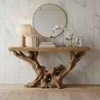 Solid Wood Console Table Gnarled Root Driftwood Base Live-Edge Top for Entryway