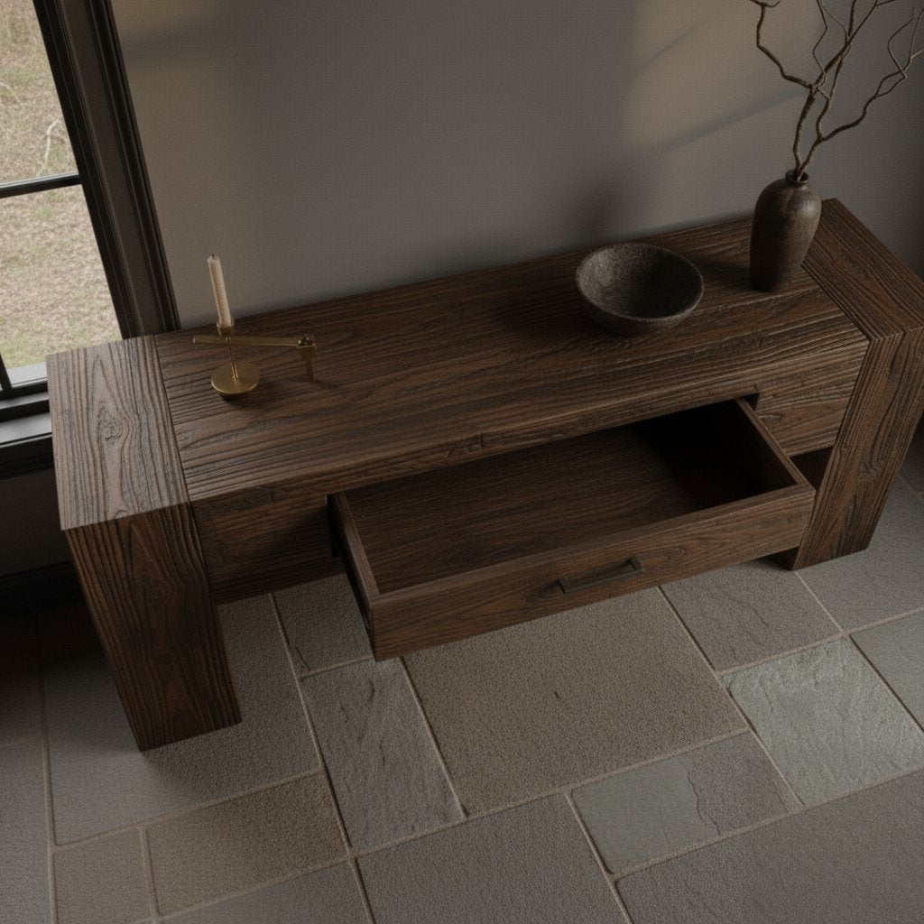 Solid Wood Console Table Reclaimed Weathered Plank with Drawer for Rustic Hallway
