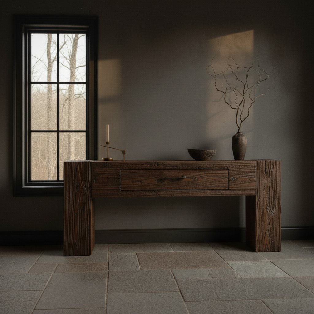 Solid Wood Console Table Reclaimed Weathered Plank with Drawer for Rustic Hallway