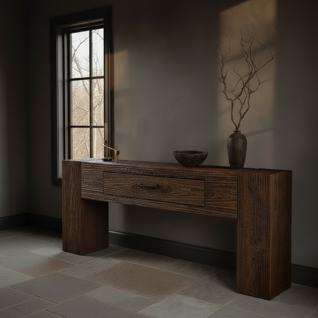 Solid Wood Console Table Reclaimed Weathered Plank with Drawer for Rustic Hallway