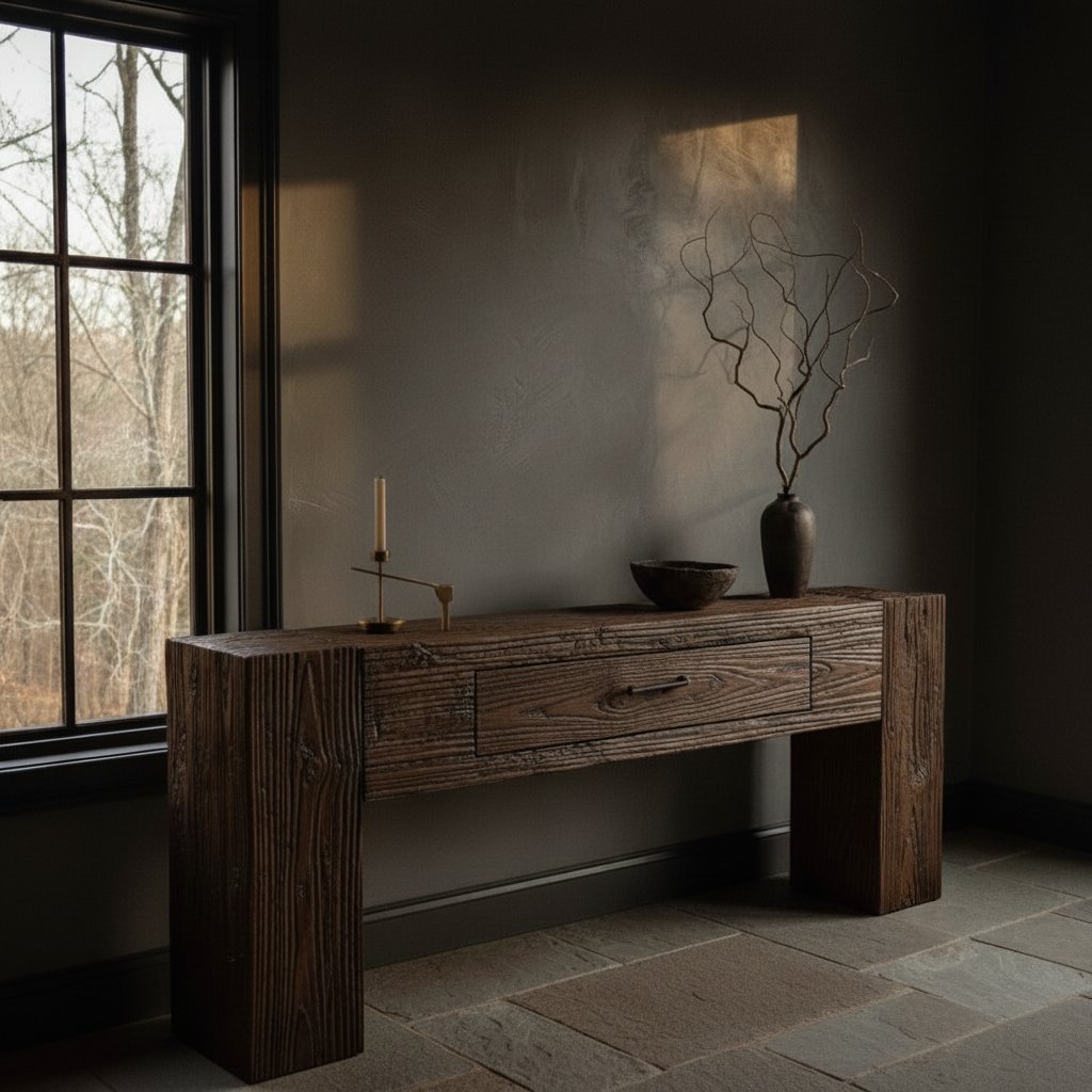 Solid Wood Console Table Reclaimed Weathered Plank with Drawer for Rustic Hallway