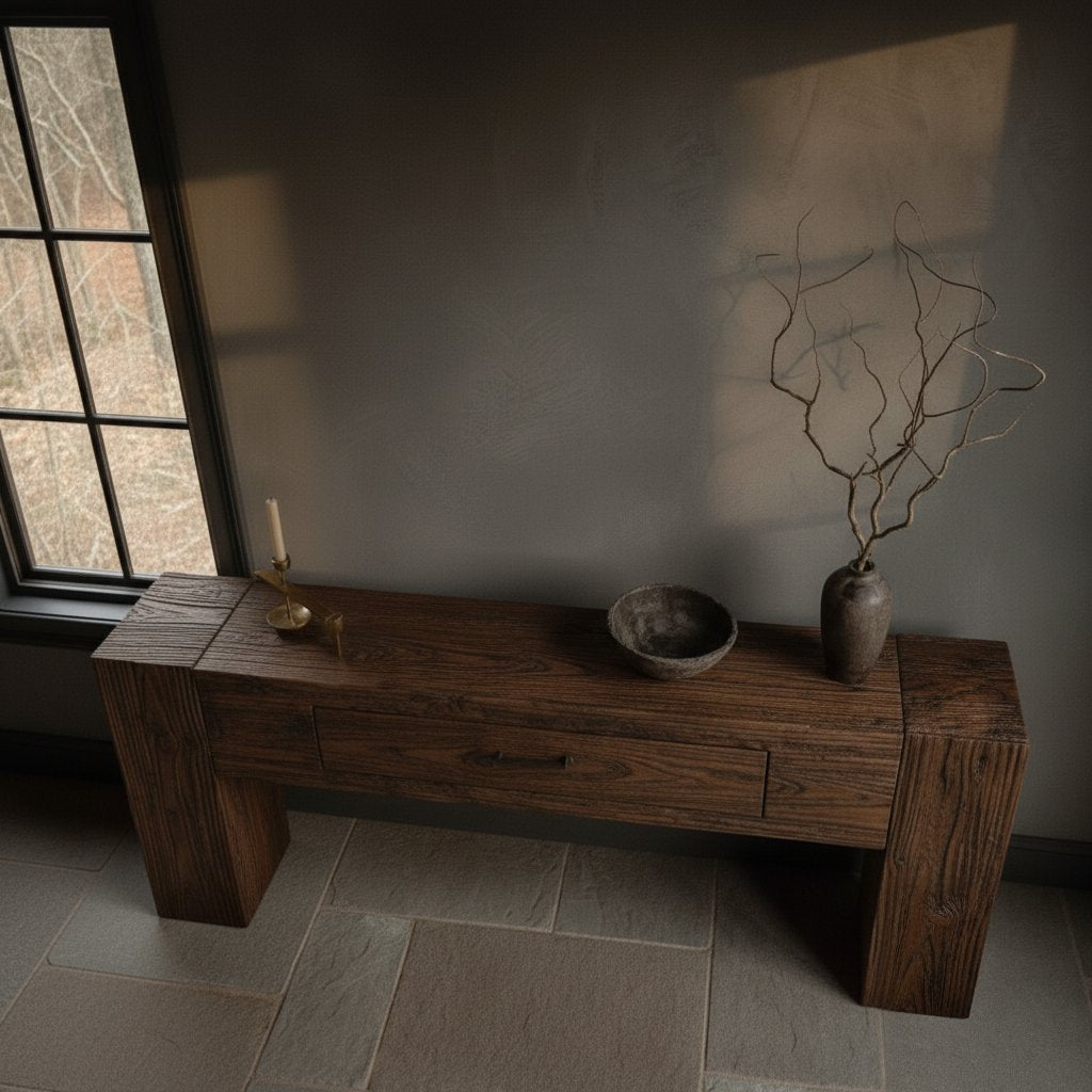Solid Wood Console Table Reclaimed Weathered Plank with Drawer for Rustic Hallway