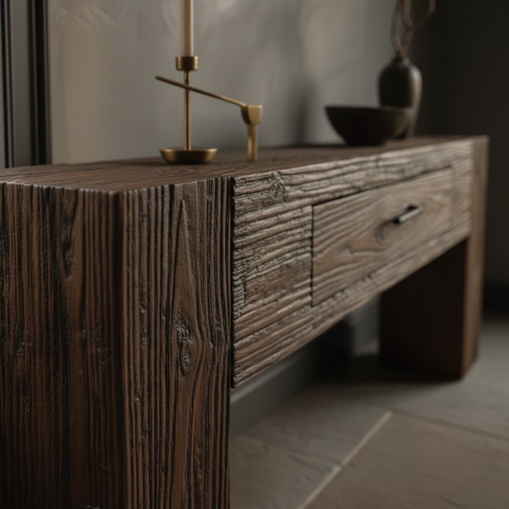 Solid Wood Console Table Reclaimed Weathered Plank with Drawer for Rustic Hallway