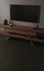 Solid Wood TV Stand Low Driftwood Branch Base Media Console for Living Room