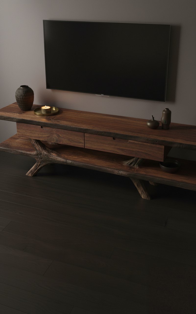 Solid Wood TV Stand Low Driftwood Branch Base Media Console for Living Room