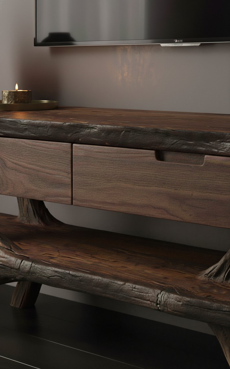Solid Wood TV Stand Low Driftwood Branch Base Media Console for Living Room