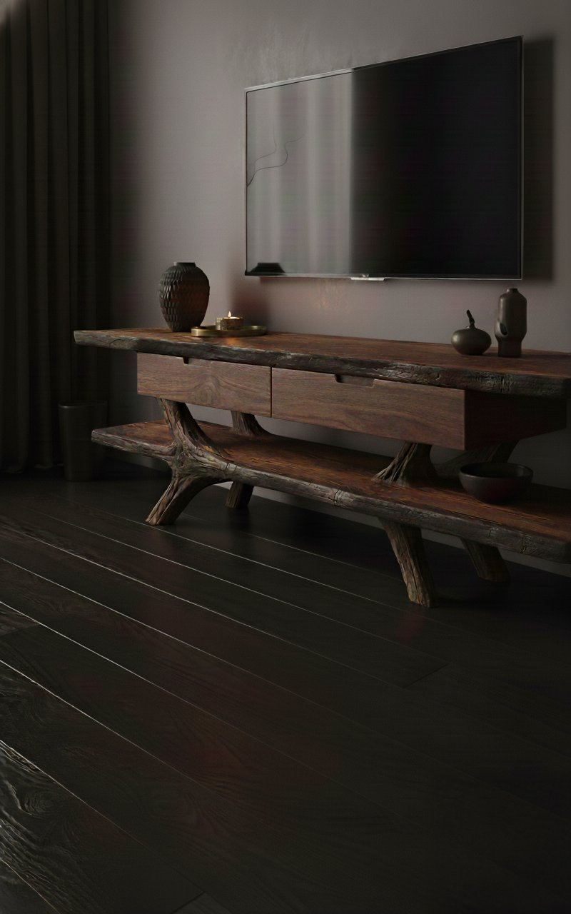 Solid Wood TV Stand Low Driftwood Branch Base Media Console for Living Room