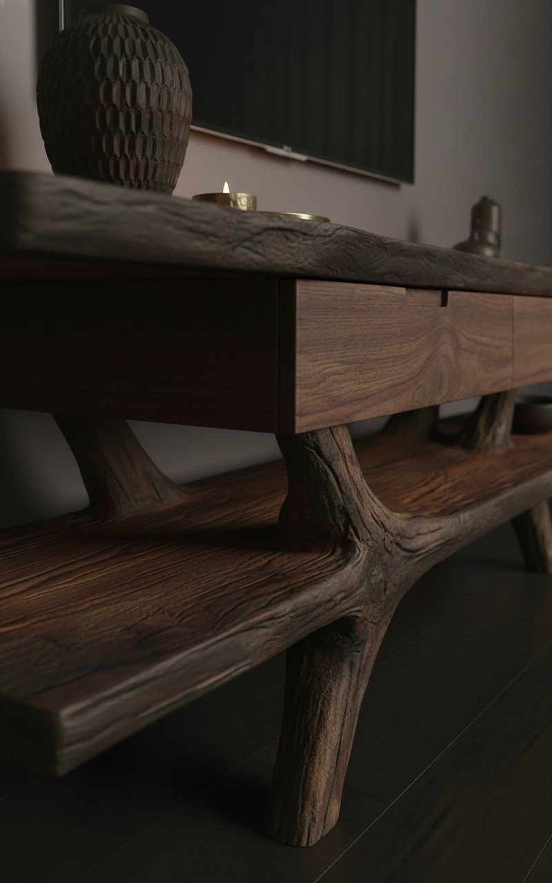 Solid Wood TV Stand Low Driftwood Branch Base Media Console for Living Room