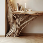 Solid Wood Console Table Tree-Trunk Base Spreading Branches Live-Edge Top for Entryway