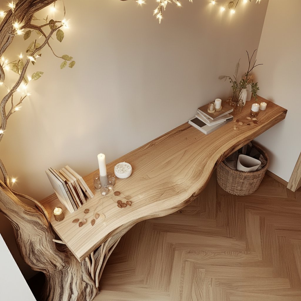 Solid Wood Console Table Tree-Trunk Base Spreading Branches Live-Edge Top for Entryway