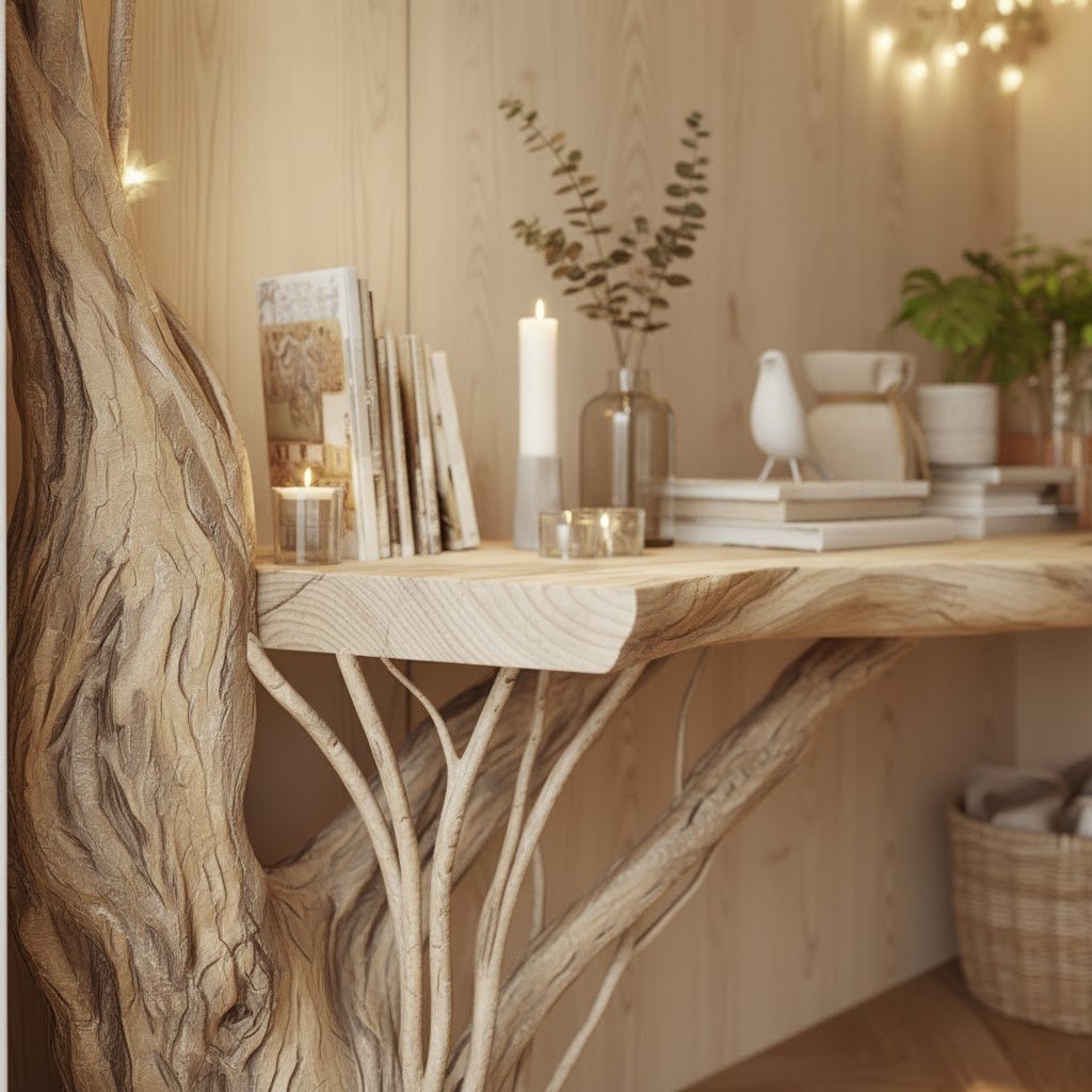 Solid Wood Console Table Tree-Trunk Base Spreading Branches Live-Edge Top for Entryway