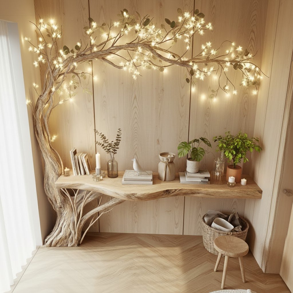 Solid Wood Console Table Tree-Trunk Base Spreading Branches Live-Edge Top for Entryway