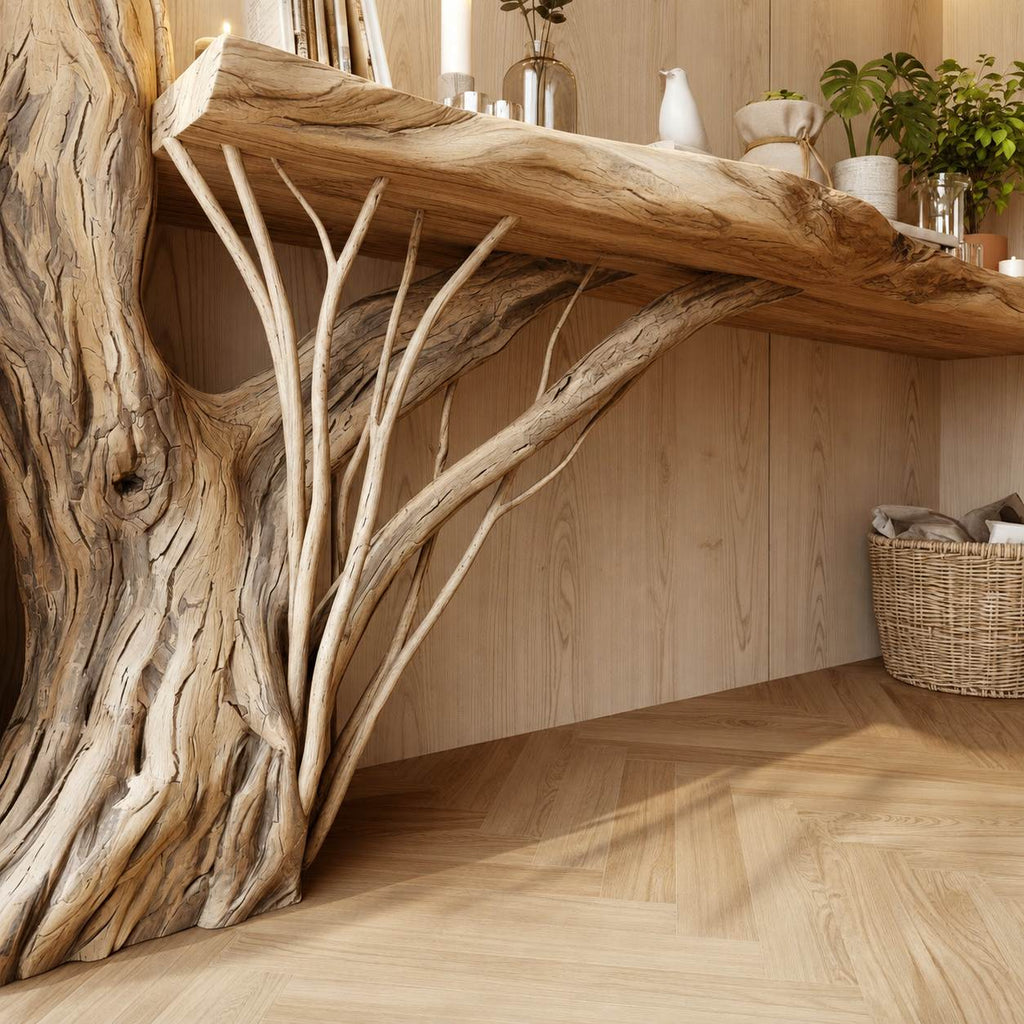 Solid Wood Console Table Tree-Trunk Base Spreading Branches Live-Edge Top for Entryway