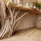 Solid Wood Console Table Tree-Trunk Base Spreading Branches Live-Edge Top for Entryway