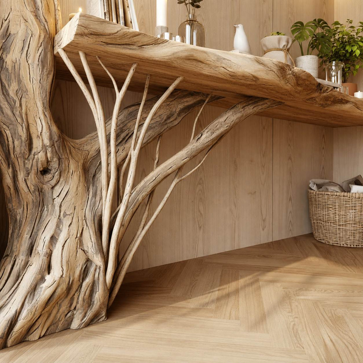 Solid Wood Console Table Tree-Trunk Base Spreading Branches Live-Edge Top for Entryway
