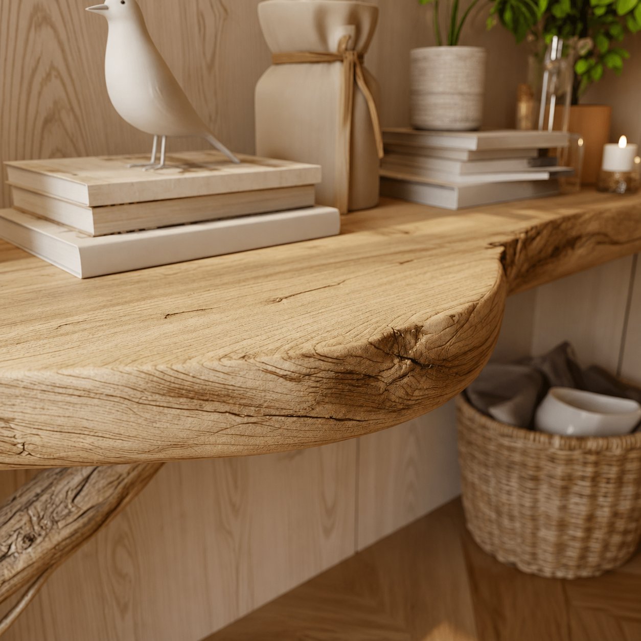 Solid Wood Console Table Tree-Trunk Base Spreading Branches Live-Edge Top for Entryway