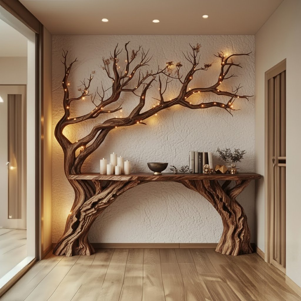 Solid Wood Console Table Bare Branching Tree Sculpture Live-Edge Top for Hallway