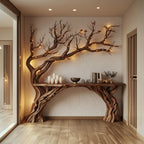 Solid Wood Console Table Bare Branching Tree Sculpture Live-Edge Top for Hallway