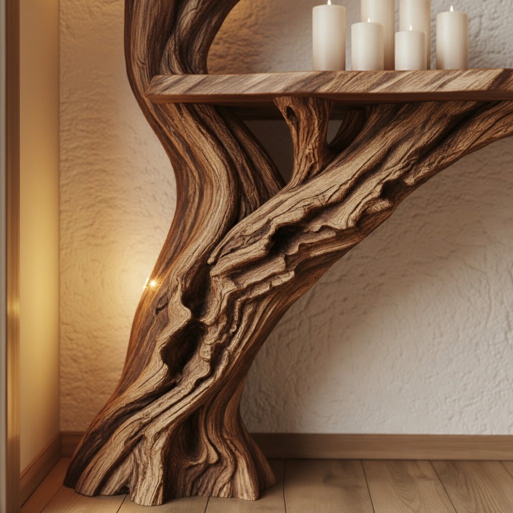 Solid Wood Console Table Bare Branching Tree Sculpture Live-Edge Top for Hallway