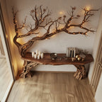 Solid Wood Console Table Bare Branching Tree Sculpture Live-Edge Top for Hallway