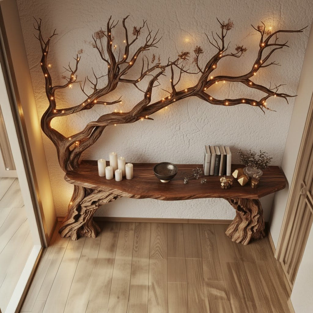 Solid Wood Console Table Bare Branching Tree Sculpture Live-Edge Top for Hallway