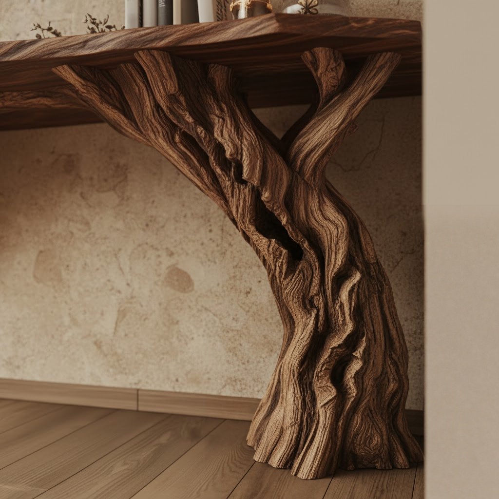 Solid Wood Console Table Bare Branching Tree Sculpture Live-Edge Top for Hallway