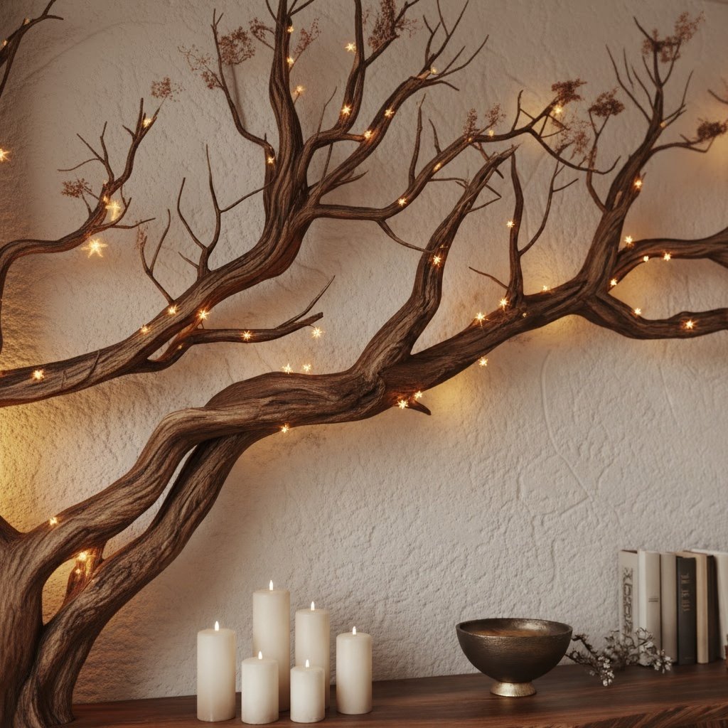 Solid Wood Console Table Bare Branching Tree Sculpture Live-Edge Top for Hallway