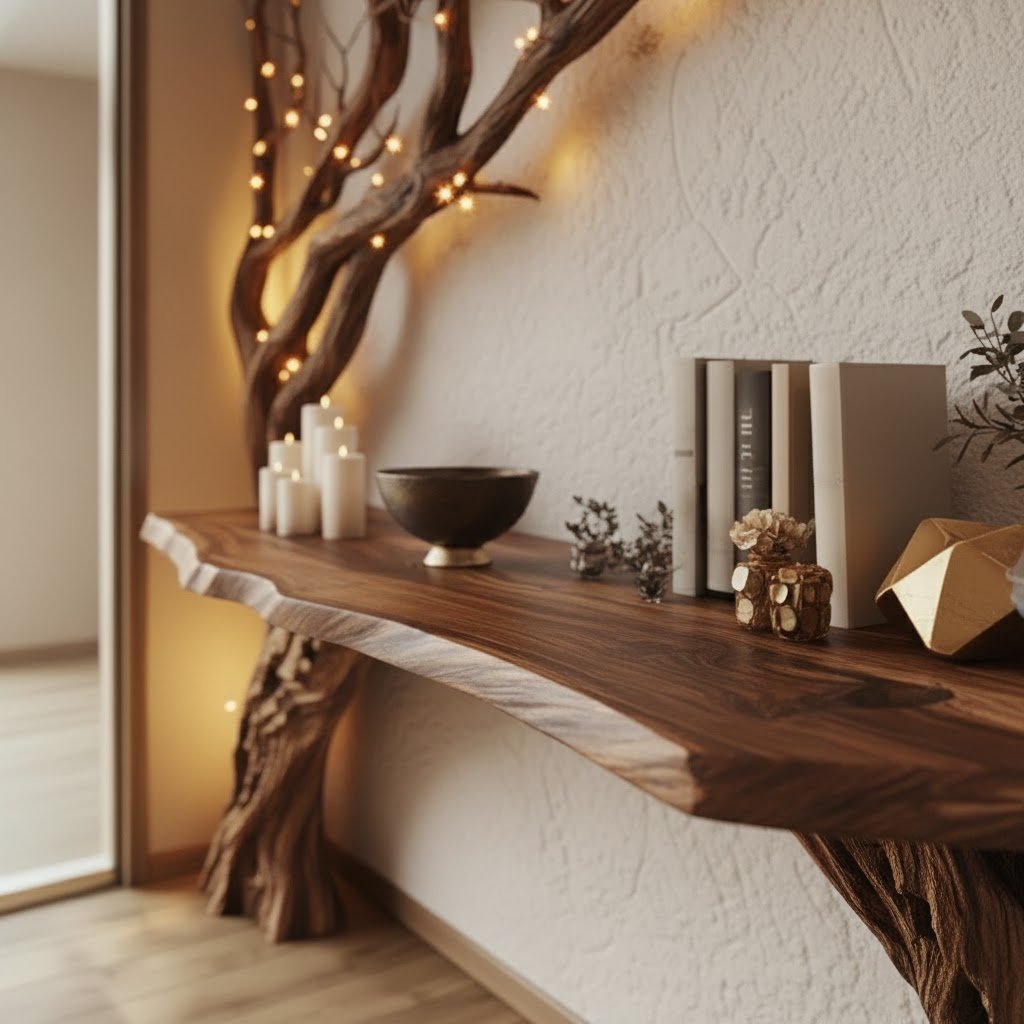 Solid Wood Console Table Bare Branching Tree Sculpture Live-Edge Top for Hallway