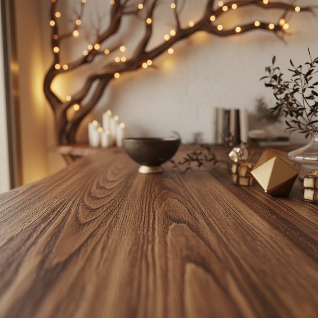Solid Wood Console Table Bare Branching Tree Sculpture Live-Edge Top for Hallway