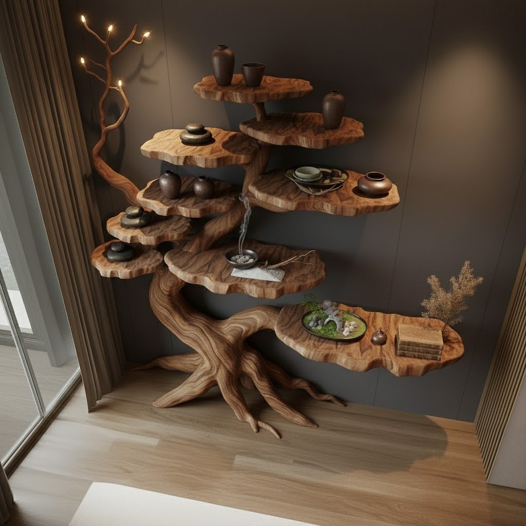 Solid Wood Corner Shelf Tiered Tree Root Live-Edge Display Unit for Living Room