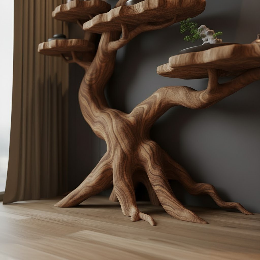 Solid Wood Corner Shelf Tiered Tree Root Live-Edge Display Unit for Living Room