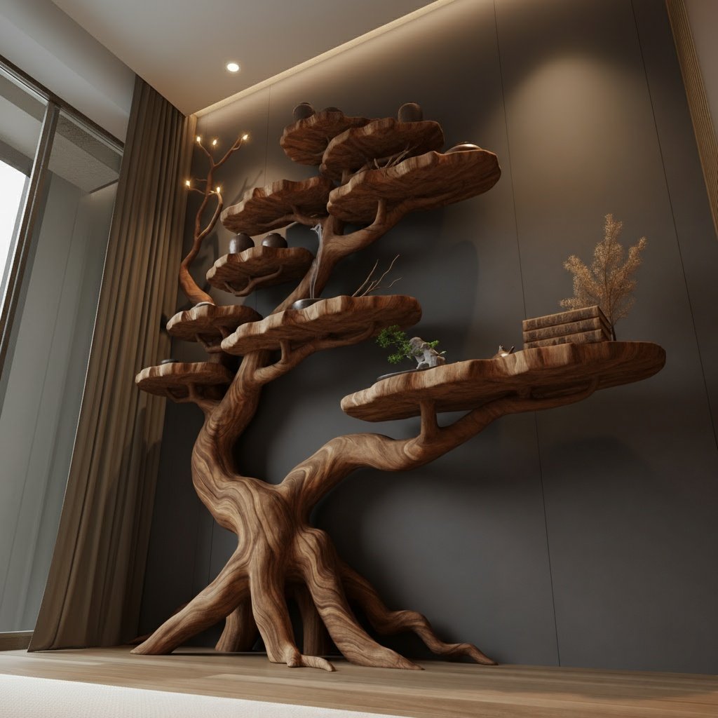 Solid Wood Corner Shelf Tiered Tree Root Live-Edge Display Unit for Living Room