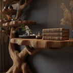 Solid Wood Corner Shelf Tiered Tree Root Live-Edge Display Unit for Living Room