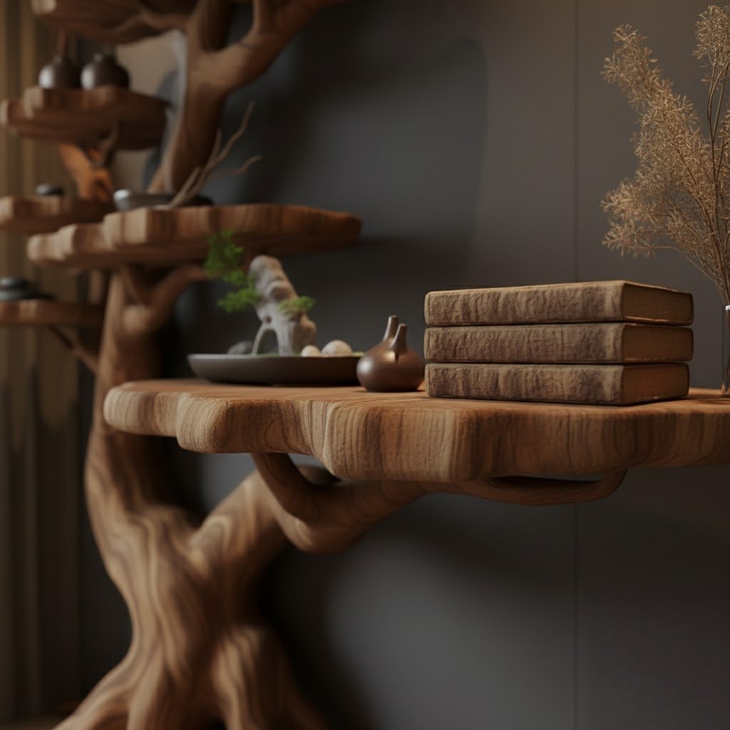 Solid Wood Corner Shelf Tiered Tree Root Live-Edge Display Unit for Living Room