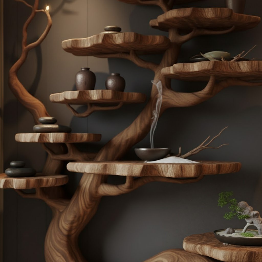Solid Wood Corner Shelf Tiered Tree Root Live-Edge Display Unit for Living Room