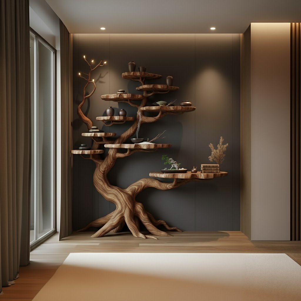 Solid Wood Corner Shelf Tiered Tree Root Live-Edge Display Unit for Living Room