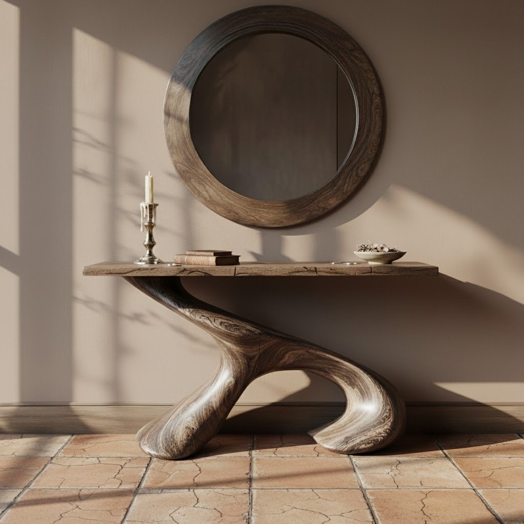 Solid Wood Console Table Smooth Sculptural S-Curve Pedestal Base for Entryway