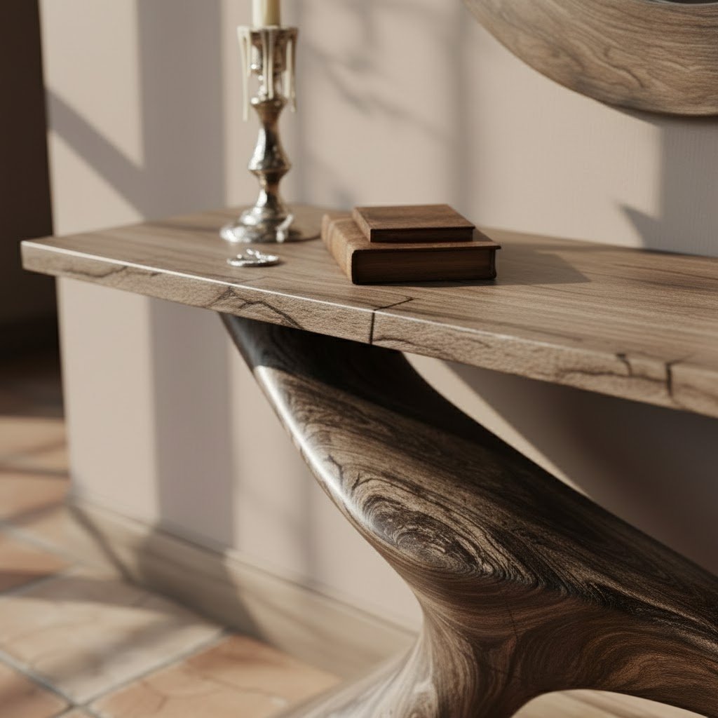 Solid Wood Console Table Smooth Sculptural S-Curve Pedestal Base for Entryway