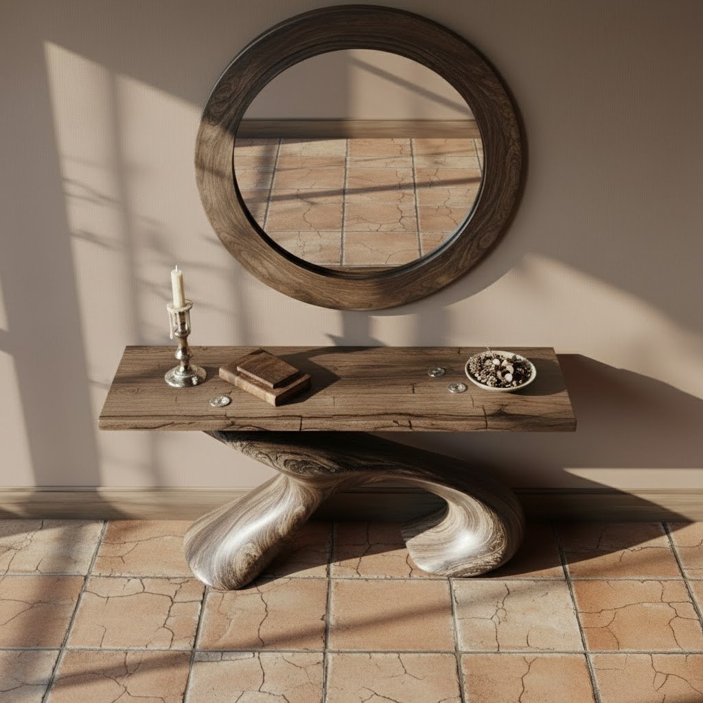 Solid Wood Console Table Smooth Sculptural S-Curve Pedestal Base for Entryway