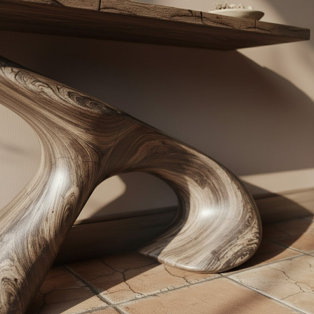 Solid Wood Console Table Smooth Sculptural S-Curve Pedestal Base for Entryway
