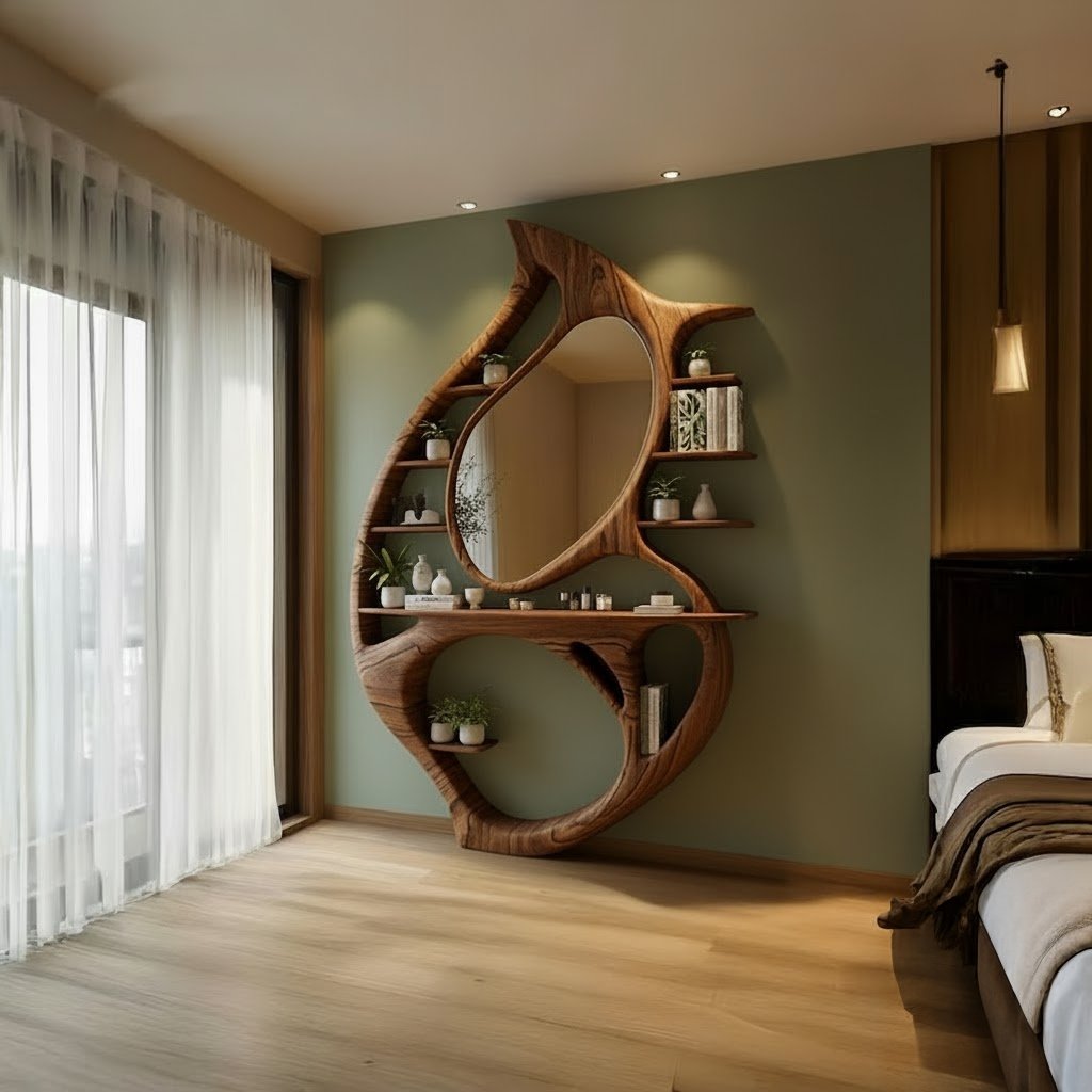 Solid Wood Bookshelf Sculptural Carved Oval Openings Freestanding Room Divider