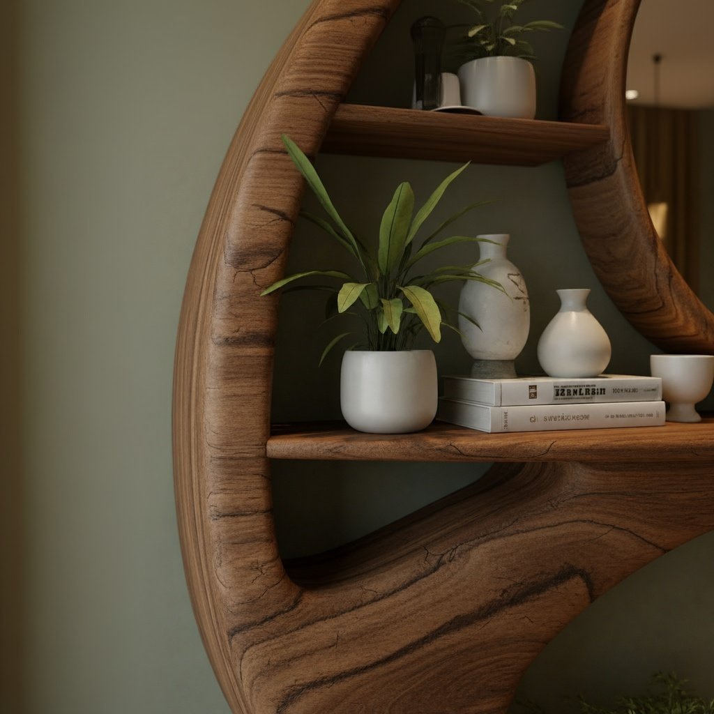 Solid Wood Bookshelf Sculptural Carved Oval Openings Freestanding Room Divider