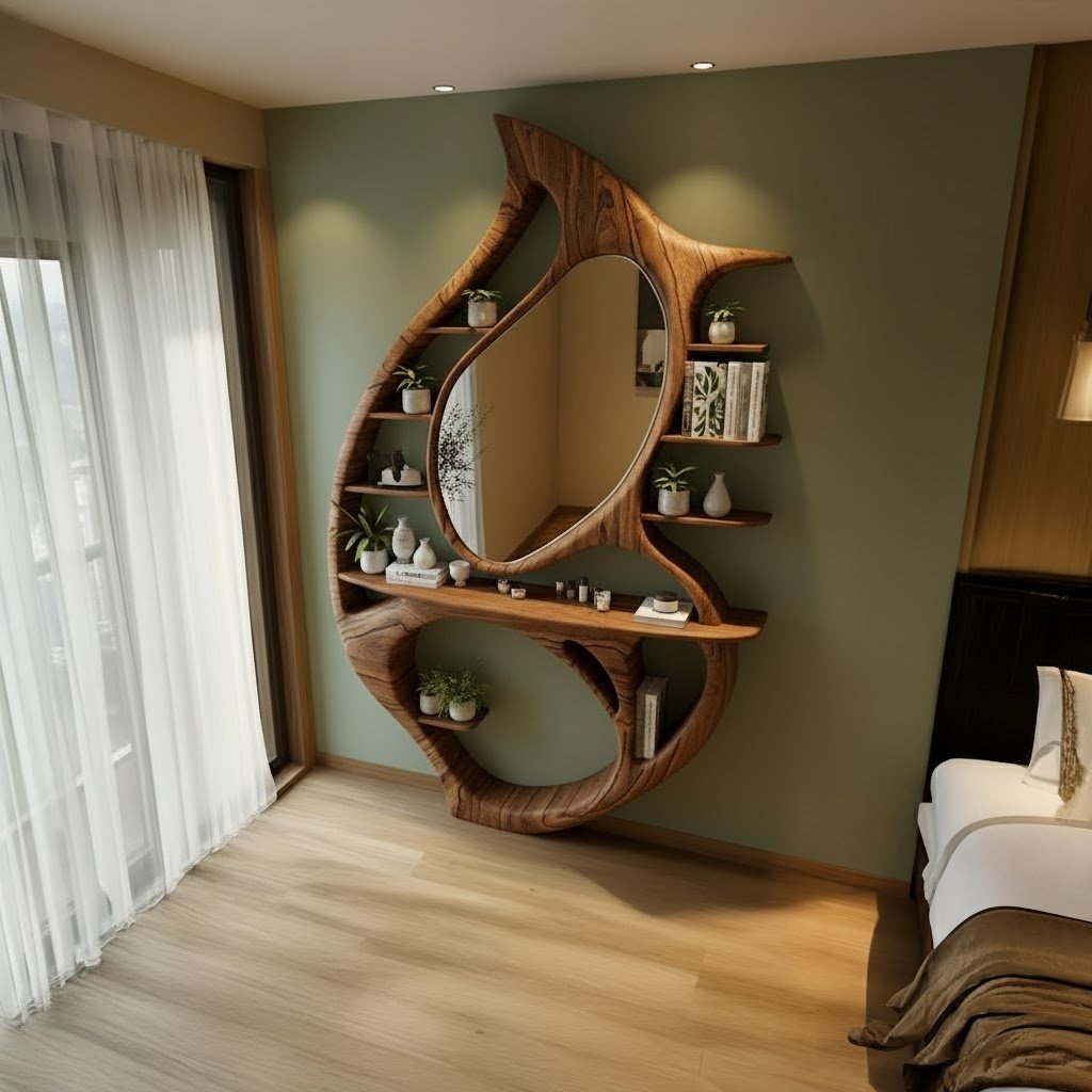 Solid Wood Bookshelf Sculptural Carved Oval Openings Freestanding Room Divider