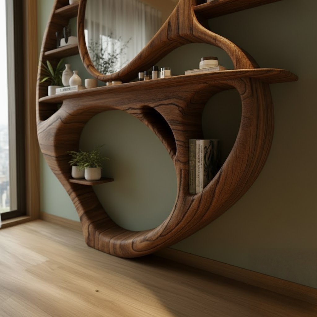 Solid Wood Bookshelf Sculptural Carved Oval Openings Freestanding Room Divider